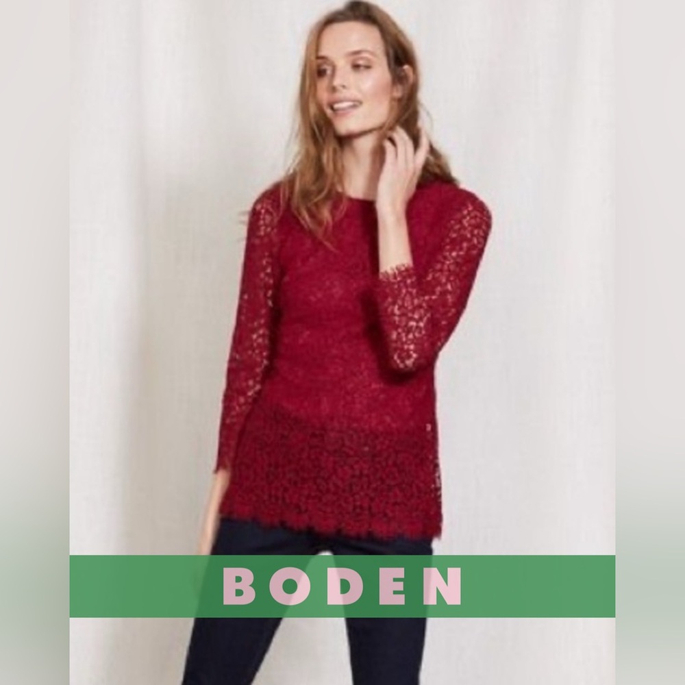 Boden Jennifer Red Lace Overlay Sheer Sleeve Top Blouse 10